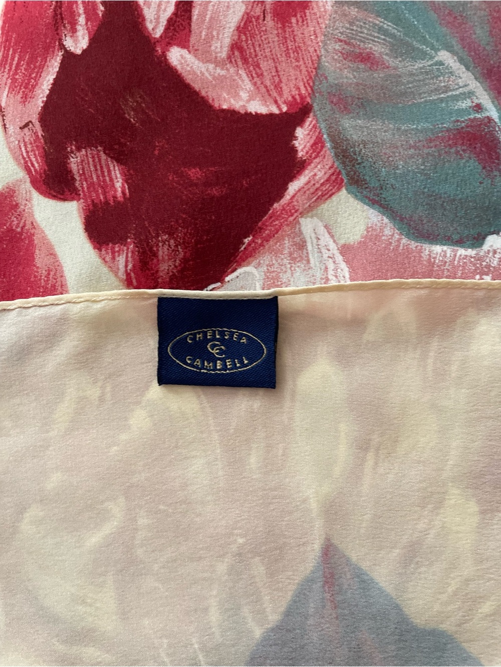 100% Silk Square Scarf Floral Peony & Tulip Red & Pink on Cream Background - Picture 3 of 6